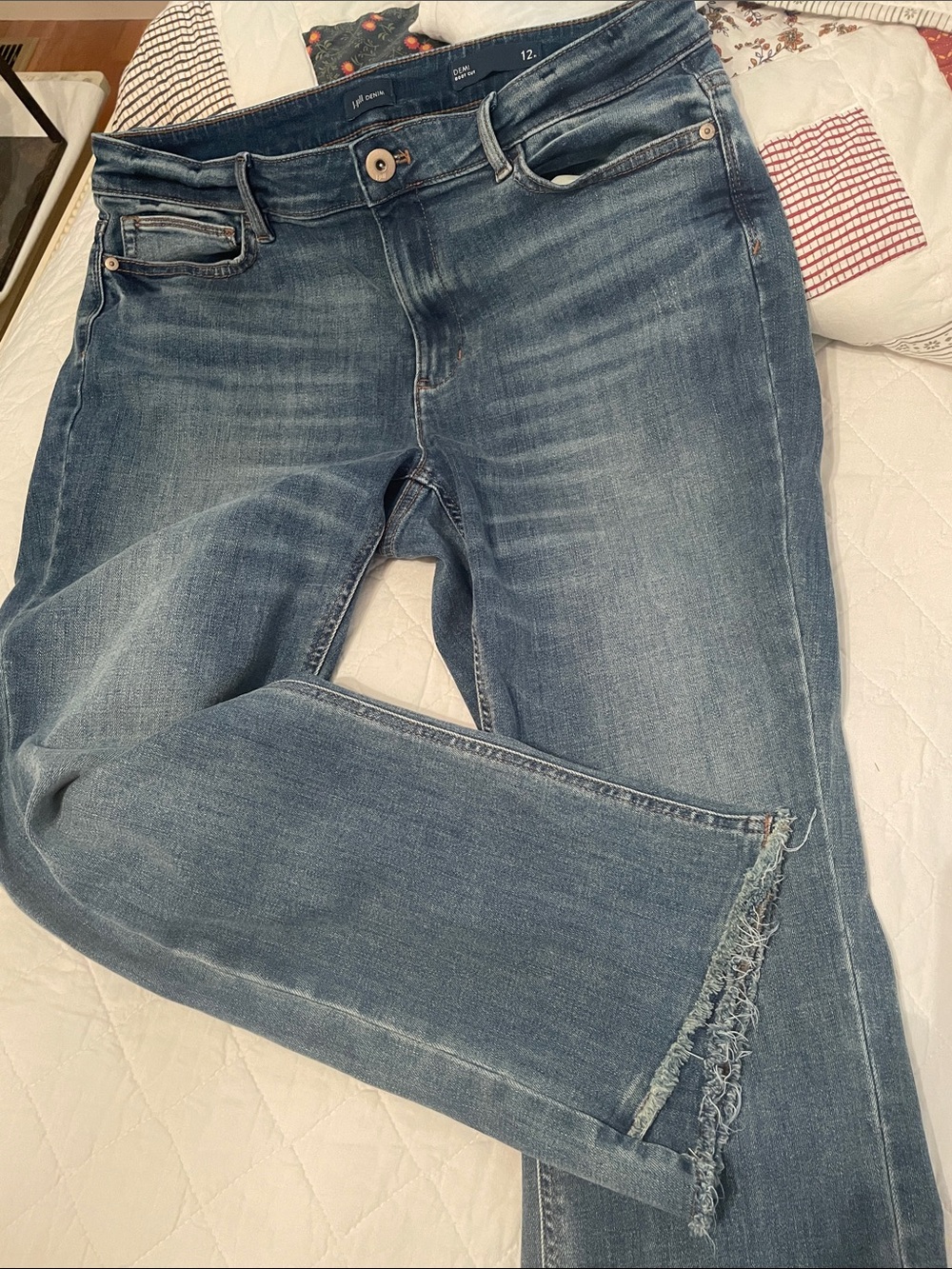 J.Jill Demi Boot Cut Denim Jeans in a vintage look with shredded overlap bottoms